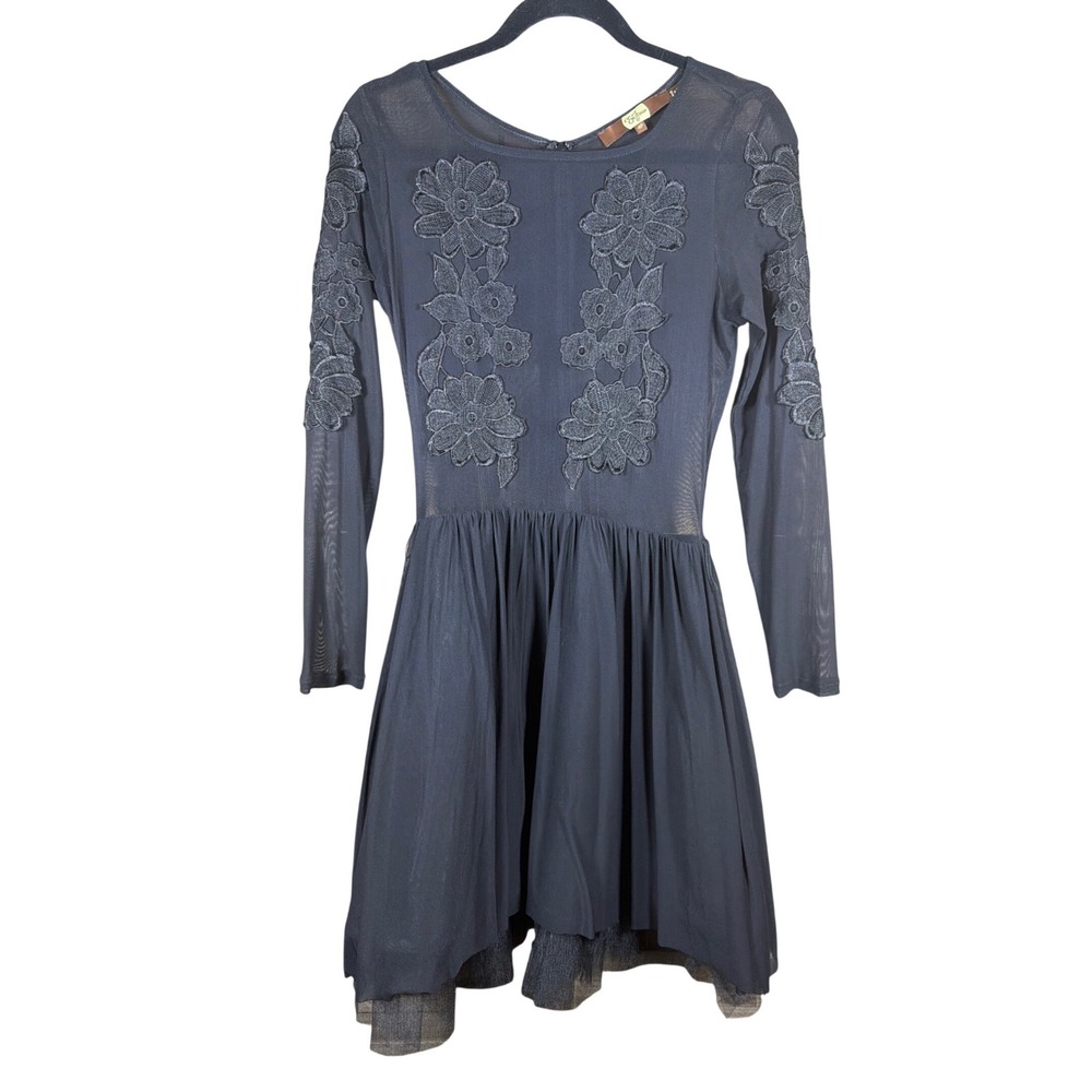 Eva Franco Black Floral Lace Mesh Fit &‎ Flare Dress 4P Petite Long Sleeve LBD